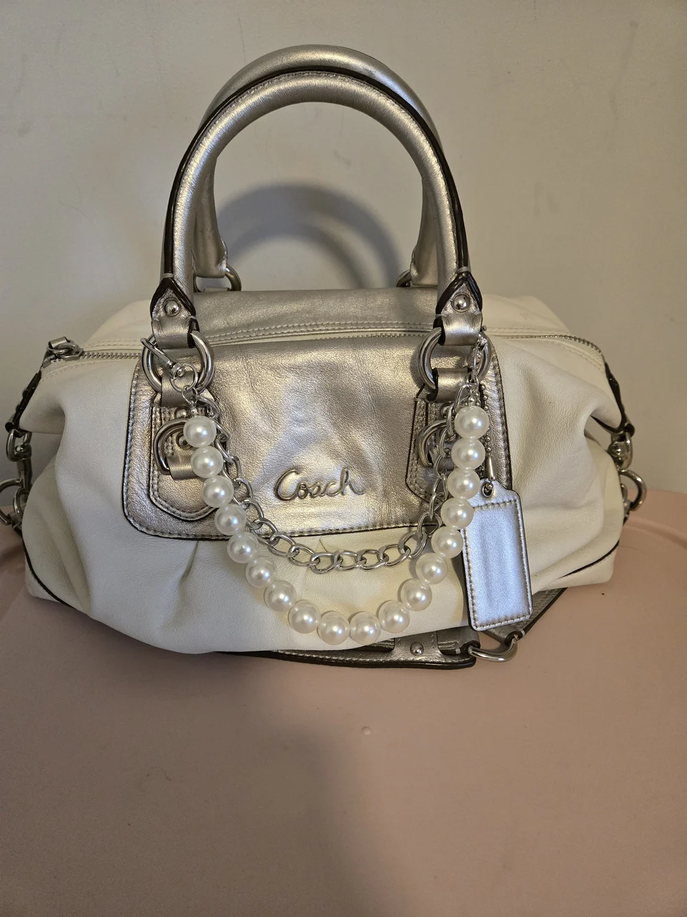 Coach | Bags | Coach Metallic Silver White Leather Shoulder Bag 
